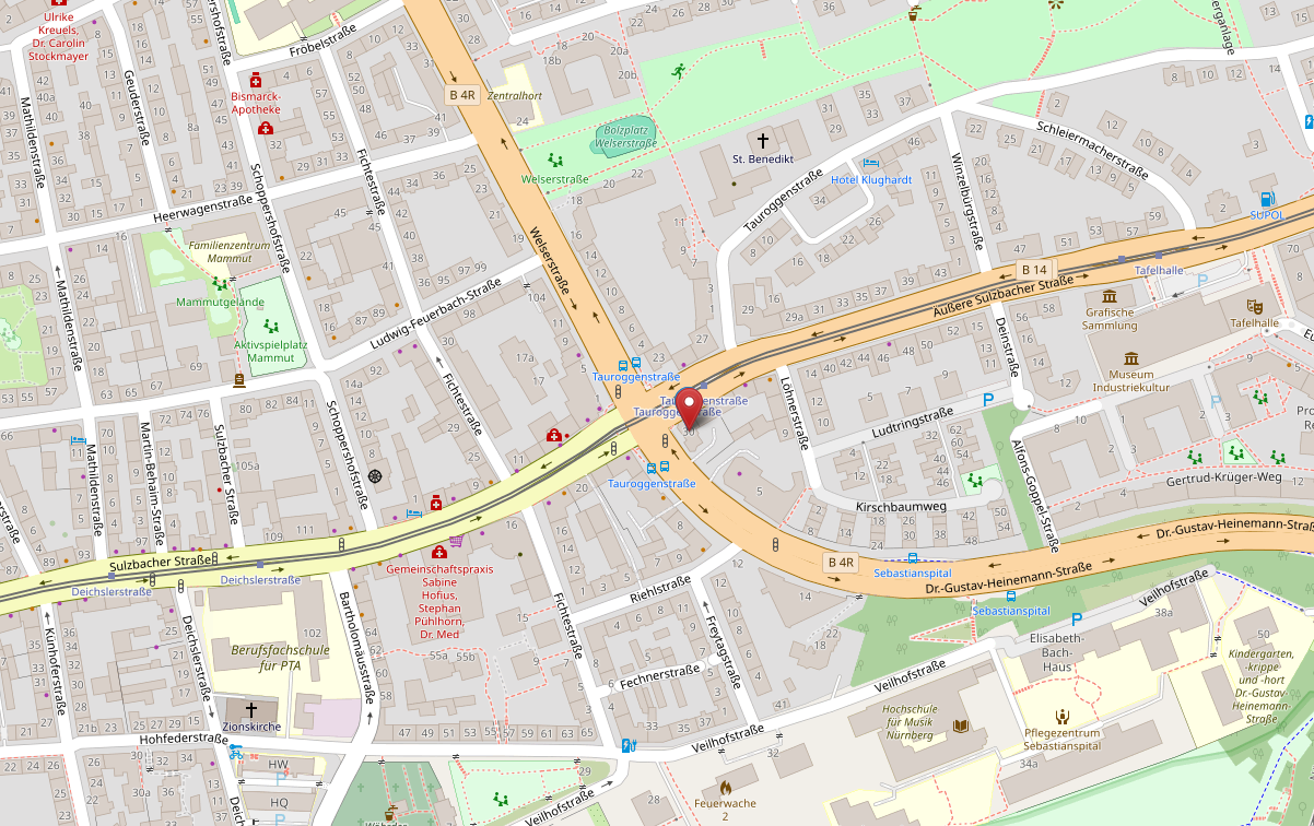 Map von Nürnberg Ost, auf der die Markierung von Curaneo auf der folgenden Adresse steht:
Äußere Sulzbacherstraße 30
90491 Nürnberg